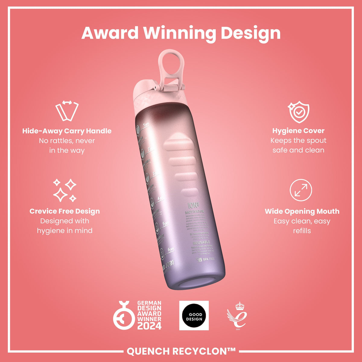 Leak Proof 1 Litre Water Bottle with Times to Drink, Recyclon, Purple & Rose, 1L