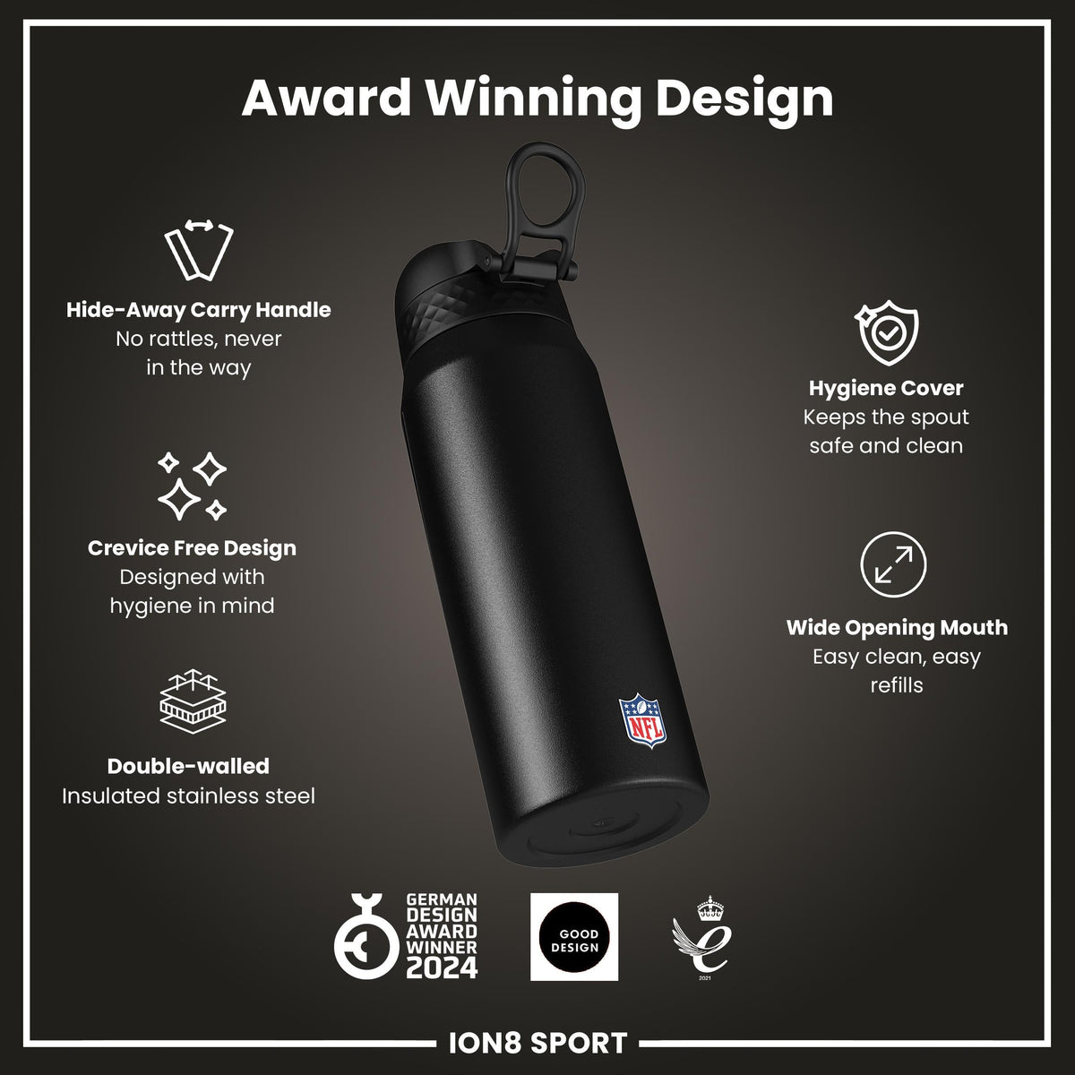 NFL x ION8 Insulated Steel Water Bottle, NFL Bengals, 750ml (24oz)