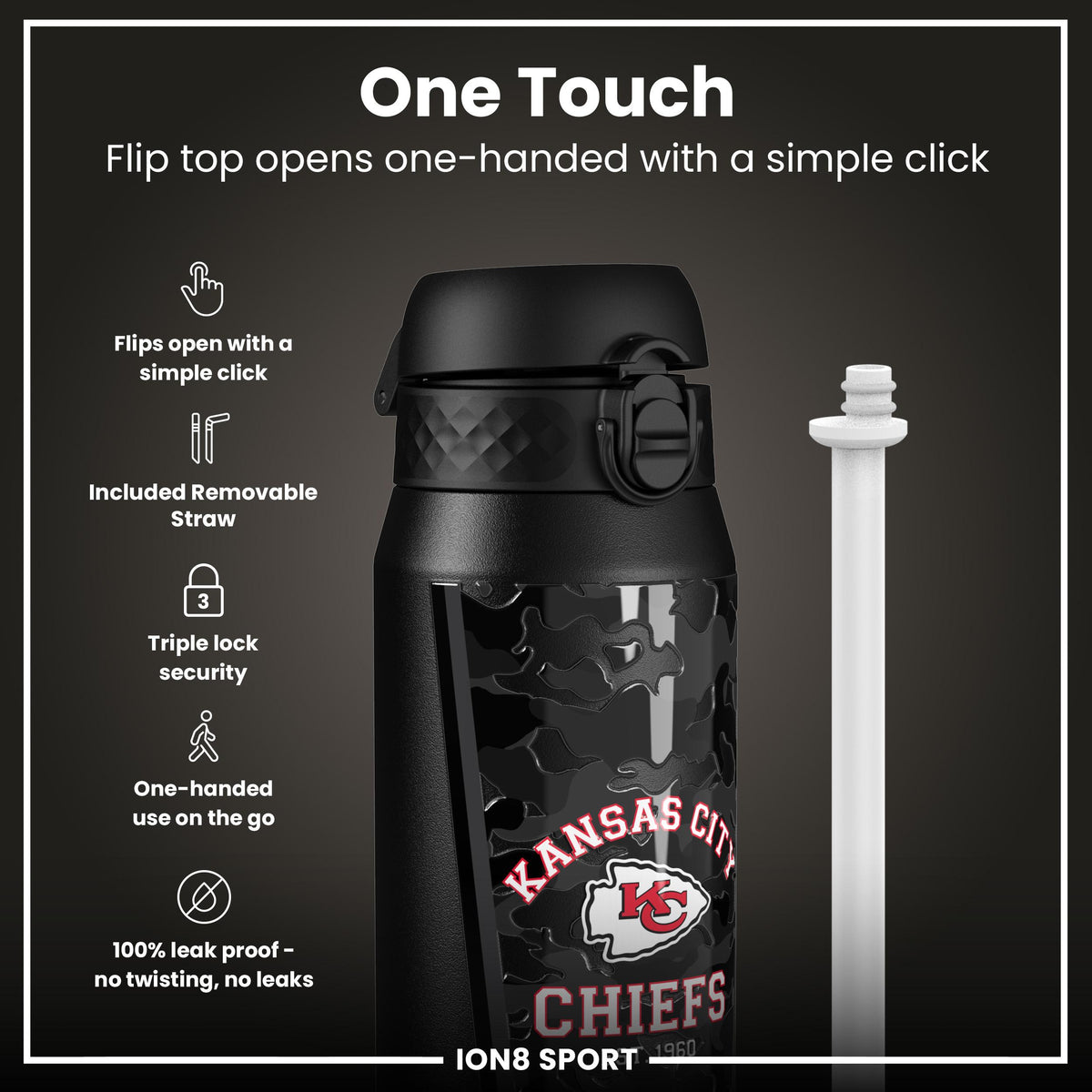 NFL x ION8 Insulated Steel Water Bottle, NFL Chiefs, 750ml (24oz)