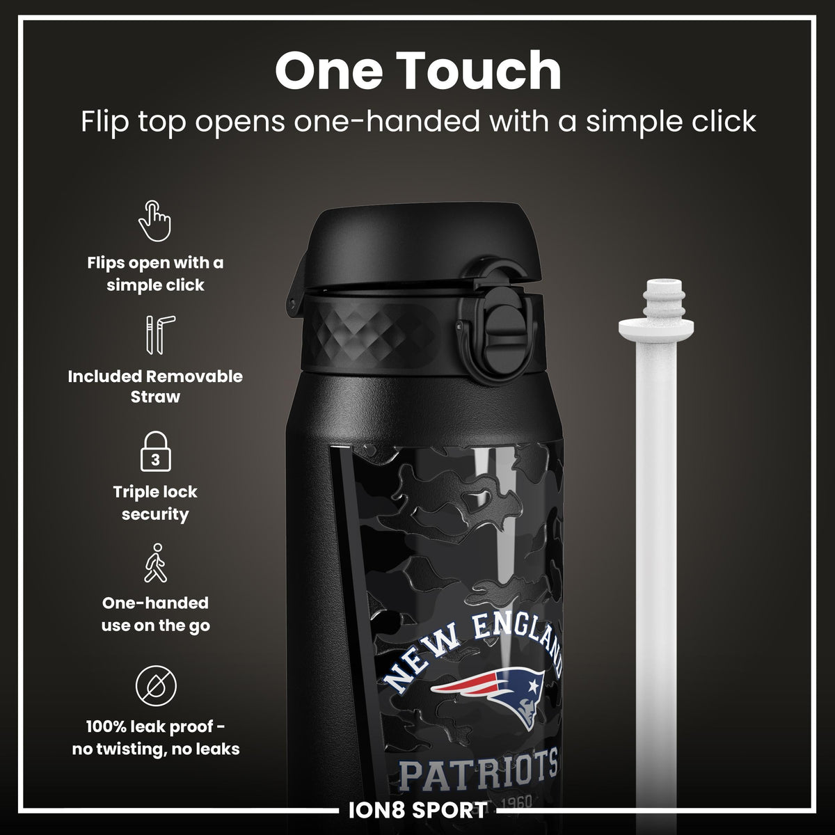 NFL x ION8 Insulated Steel Water Bottle, NFL Patriots, 750ml (24oz)