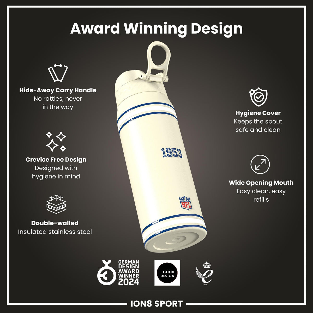 NFL x ION8 Insulated Steel Water Bottle, NFL Colts, 750ml (24oz)