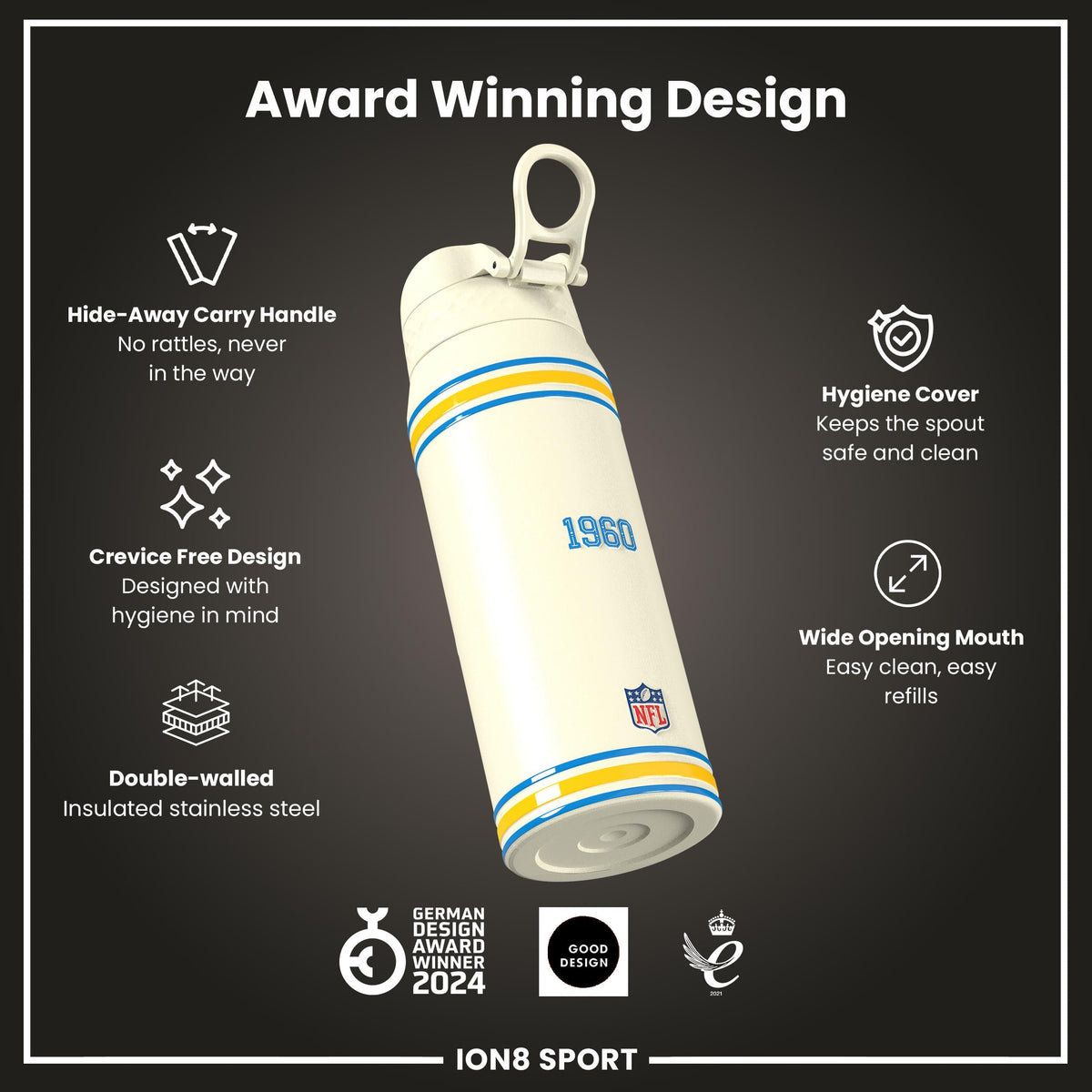 NFL x ION8 Insulated Steel Water Bottle, NFL Chargers, 750ml (24oz)