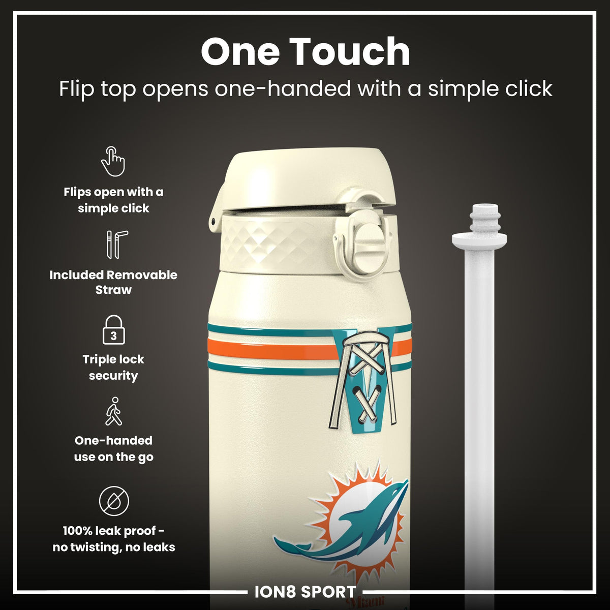 NFL x ION8 Insulated Steel Water Bottle, NFL Dolphins, 750ml (24oz)