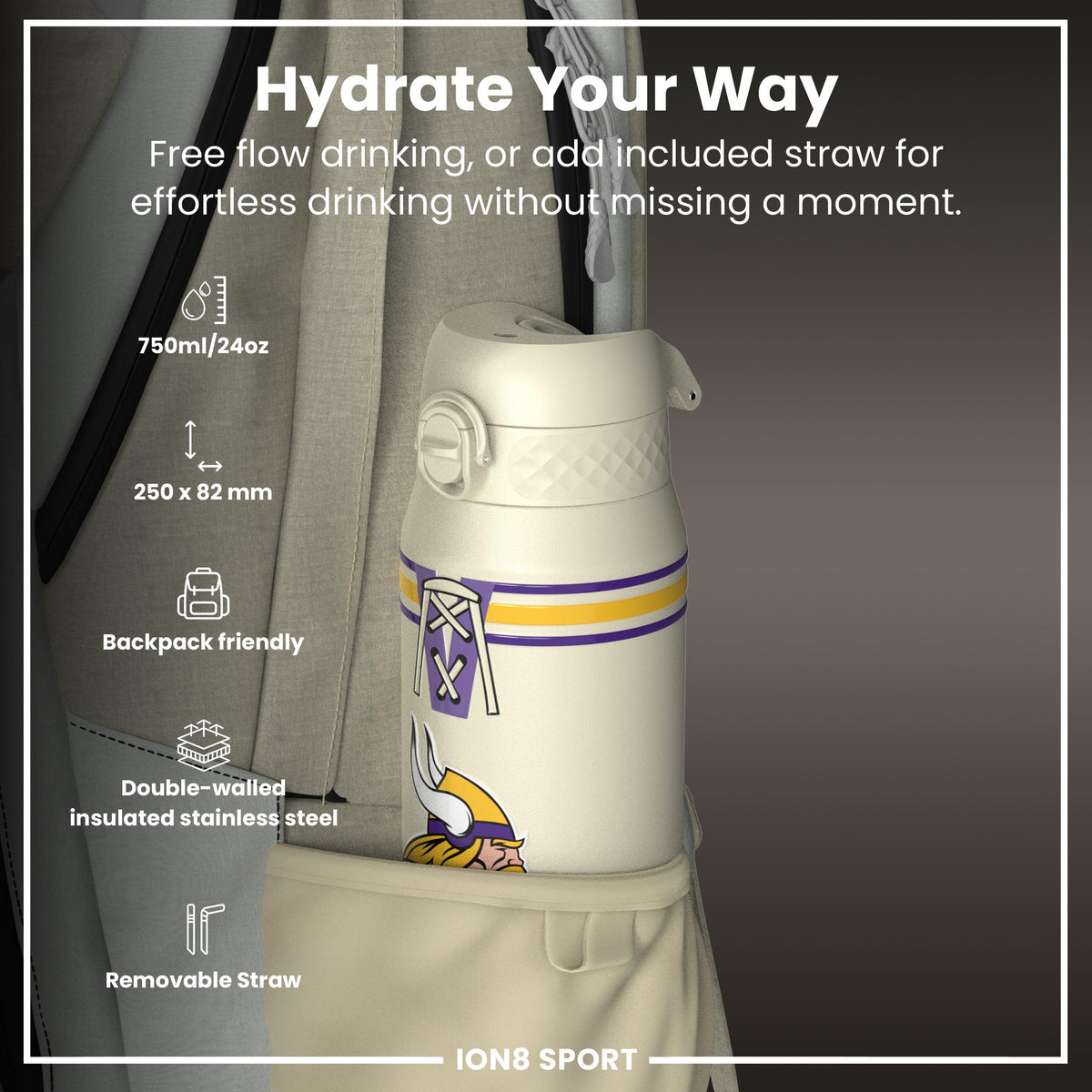 NFL x ION8 Insulated Steel Water Bottle, NFL Vikings, 750ml (24oz)