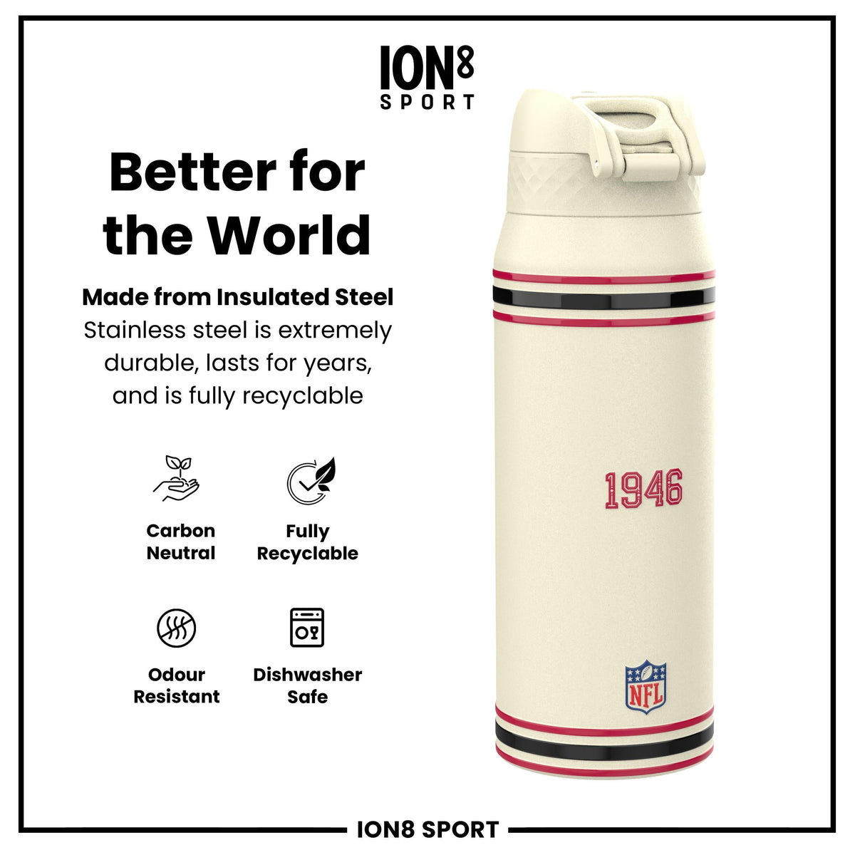 NFL x ION8 Insulated Steel Water Bottle, NFL 49ers, 750ml (24oz)