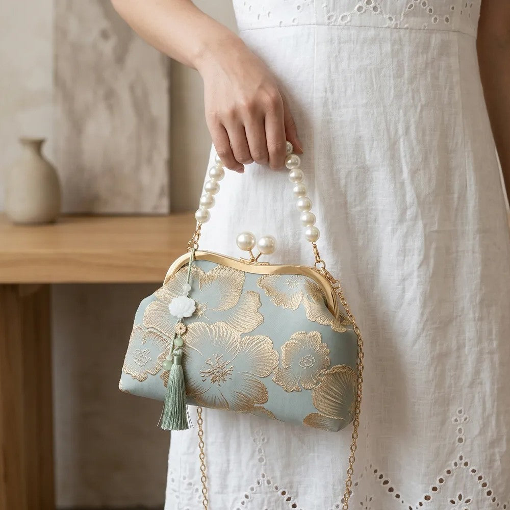 Floral occasion bag with faux-pearl handle and chain