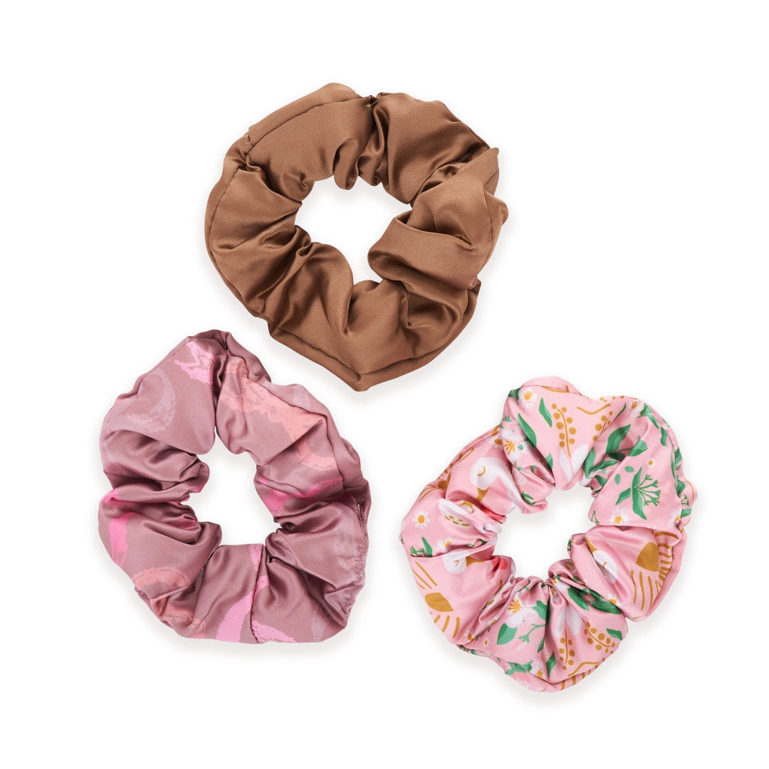 Cloud Satin Hair Scrunchie Set (set of 3) - Mocha Swans