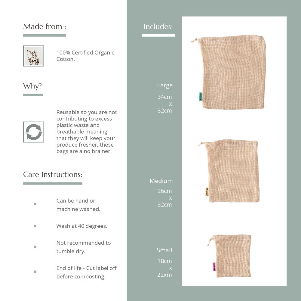 Reusable Mesh Produce Bags - Organic Cotton - 3 Pack